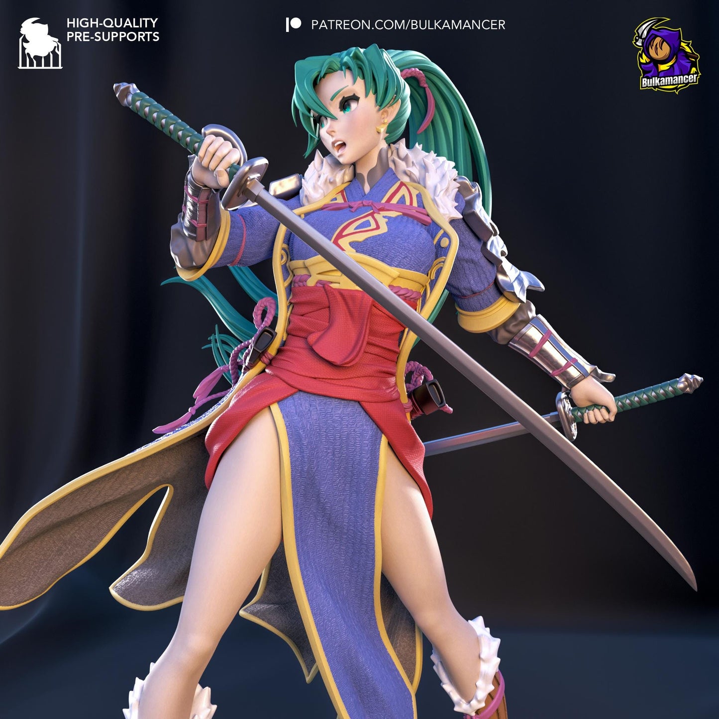 a woman in a costume holding two swords