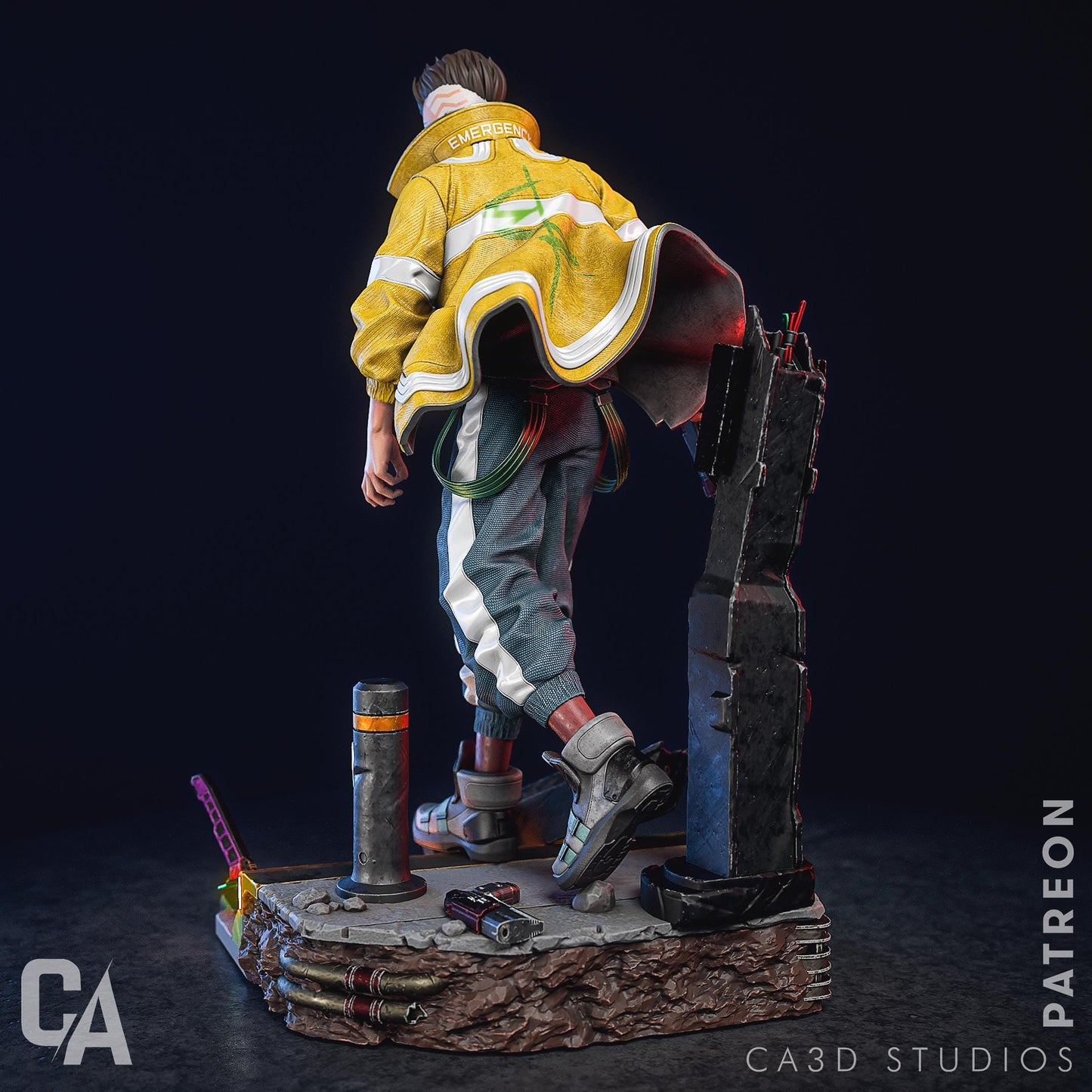 a man in a yellow jacket is on a piece of wood