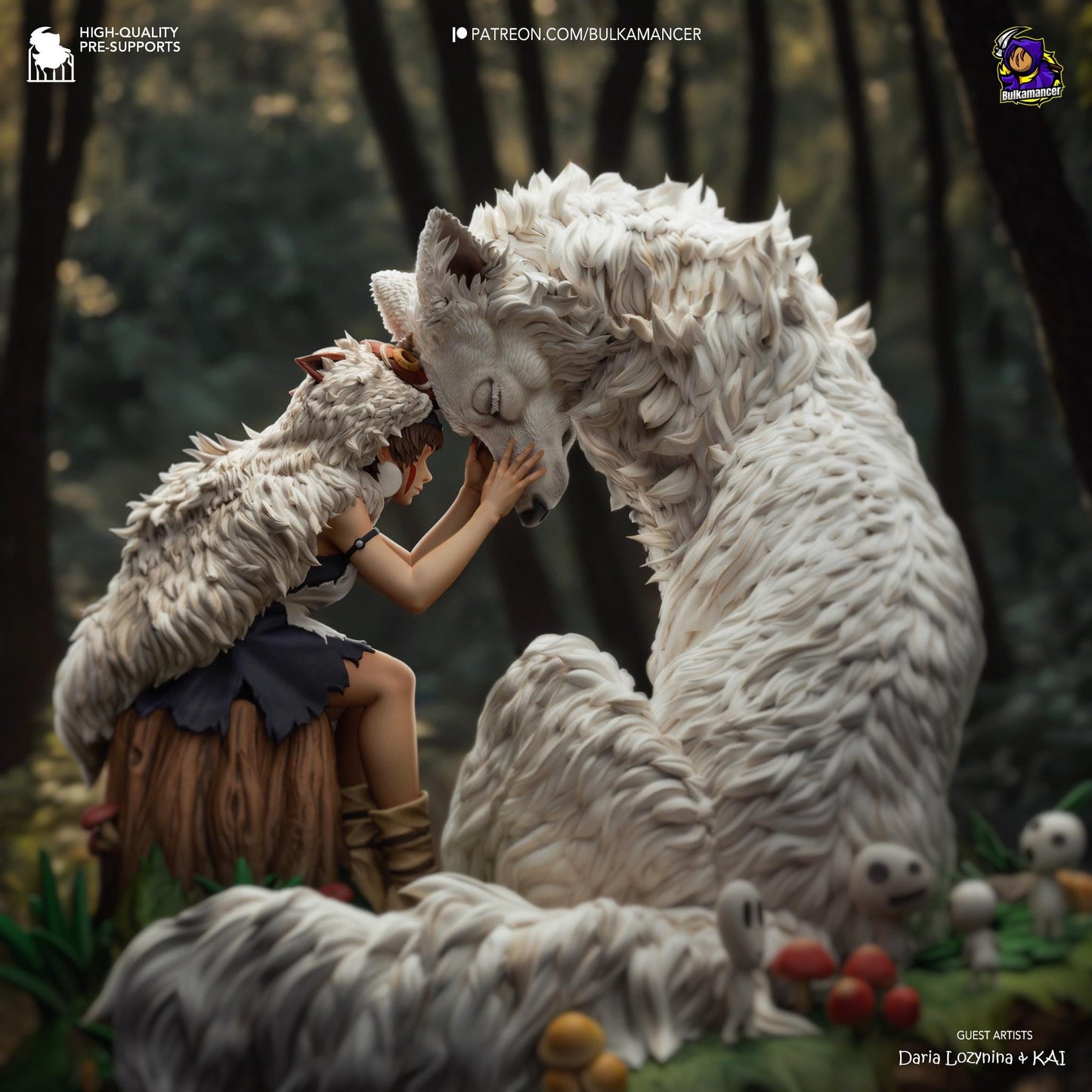 a statue of a woman kissing a white wolf