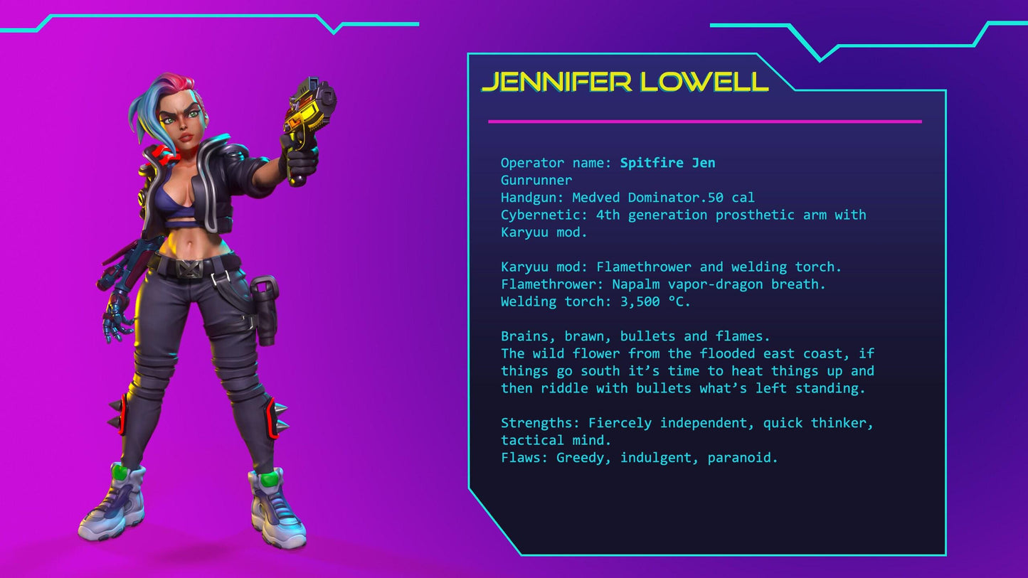 Spitfire Jen, 35 mm, 54 mm, 3D Printed miniature, cyberpunk model, cyberpunk 3d model, cyberpunk miniature, wargame miniature, sci-fi