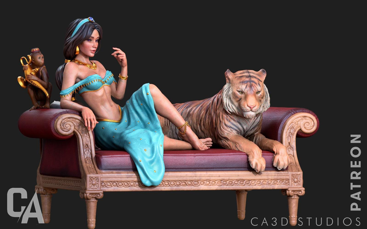 a woman sitting on a couch next to a tiger