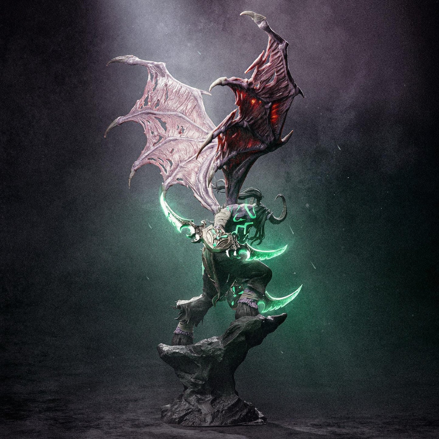 a statue of a demon on a rock in the dark