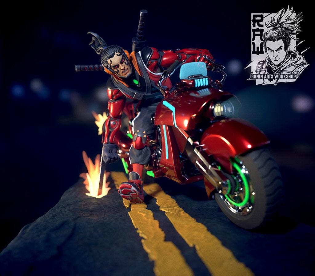 Biker Takeshi, 35 mm, 54 mm, 3D Printed miniature, cyberpunk model, cyberpunk 3d model, cyberpunk miniature, wargame miniature, sci-fi