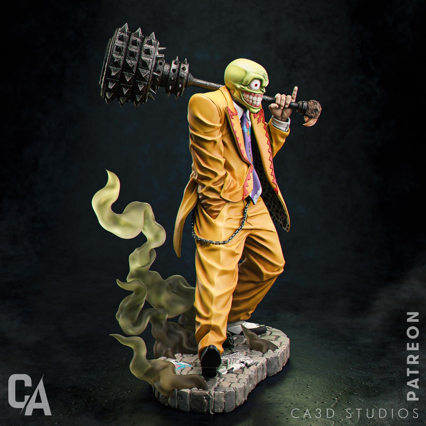 a statue of a man in a yellow suit holding a giant wrench