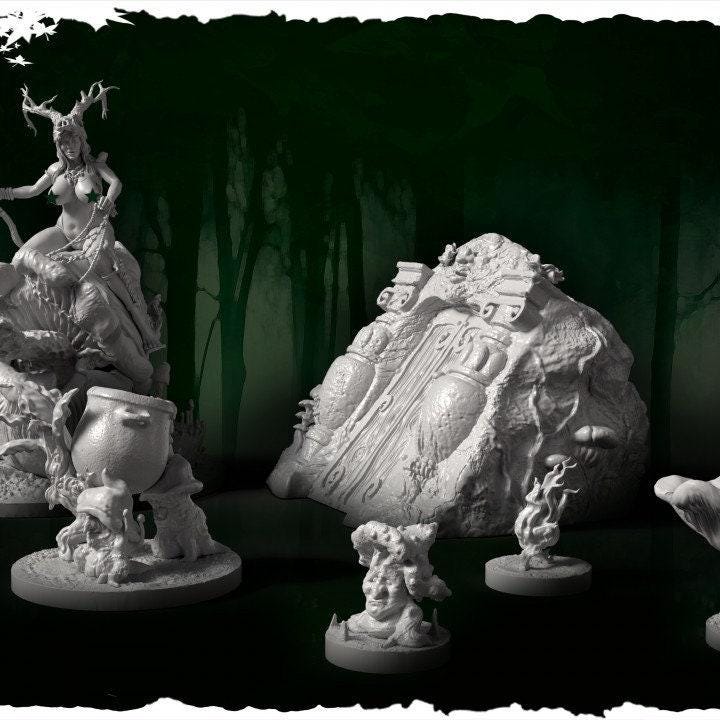 Green Witch Pinup 3D Printed Collectible Miniature and Dice Cauldron - A Bewitching Addition to Your Collection