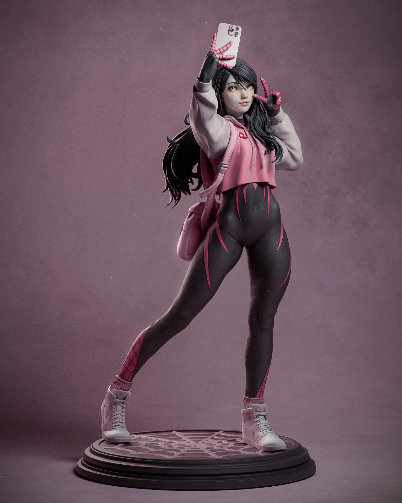 a statue of a woman holding a cell phone