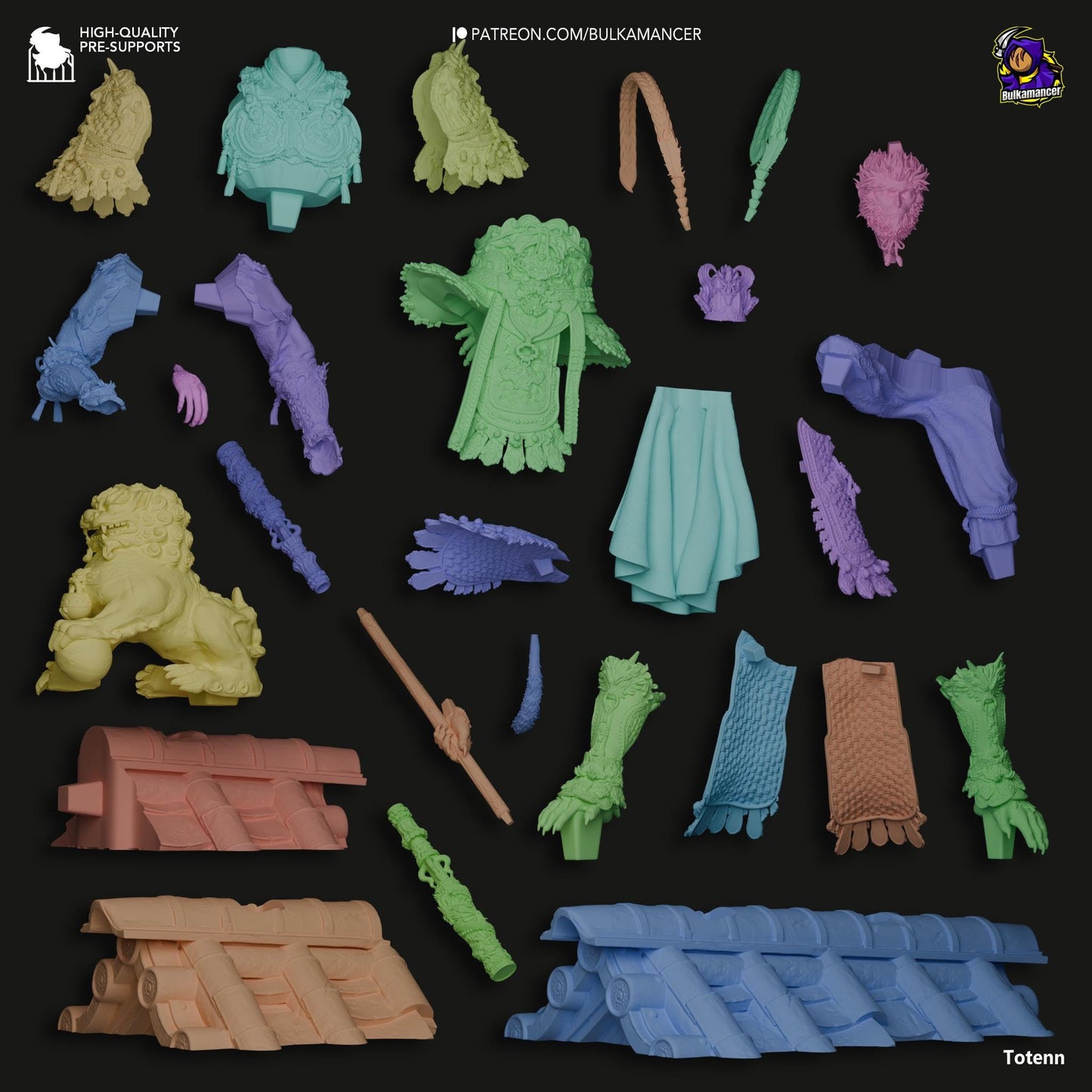 a bunch of different colored plastic items on a black background