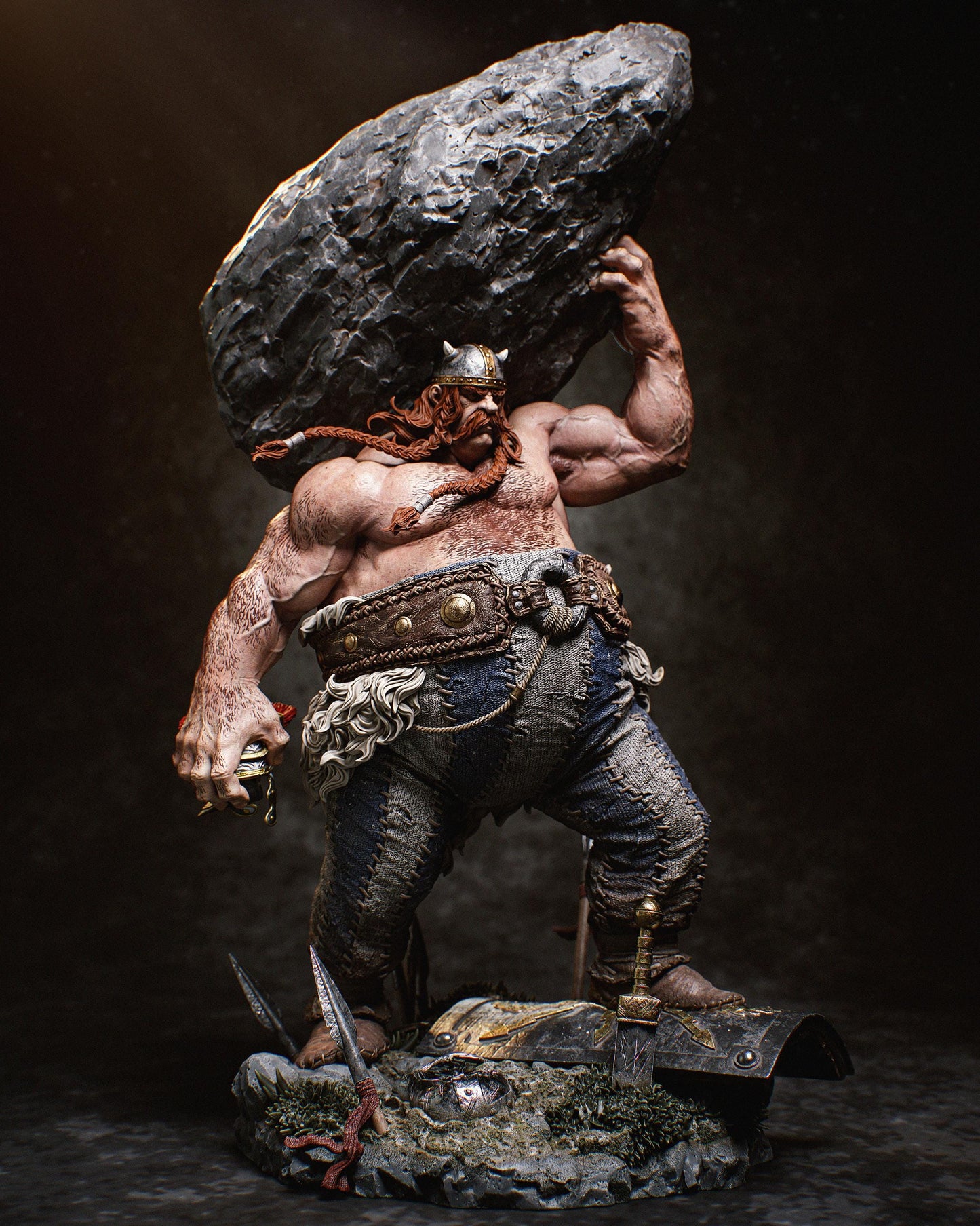 a statue of a man holding a large rock