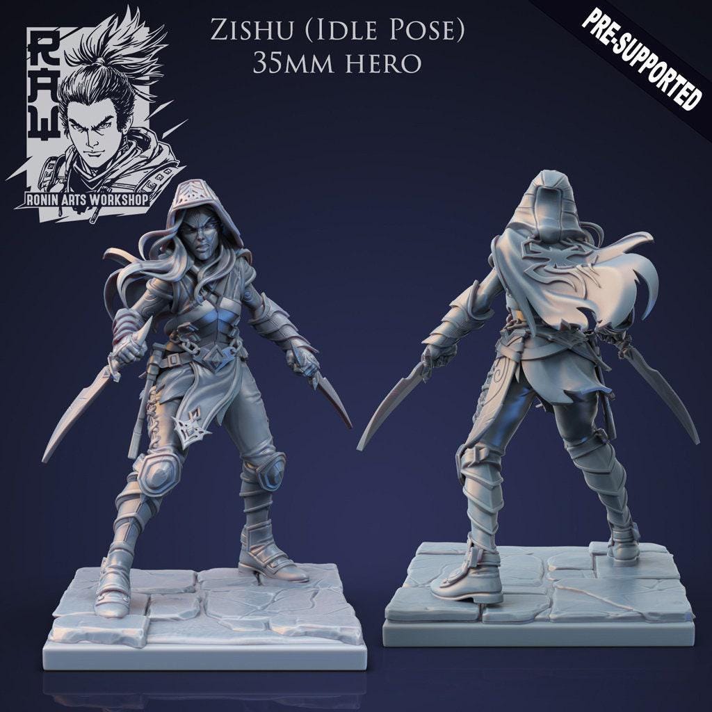 Zishu Dark Elf Rogue: Unleash Shadows with 3D-Printed Miniatures in 35mm Scale for DnD, Pathfinder, and Collectible Miniature Enthusiasts