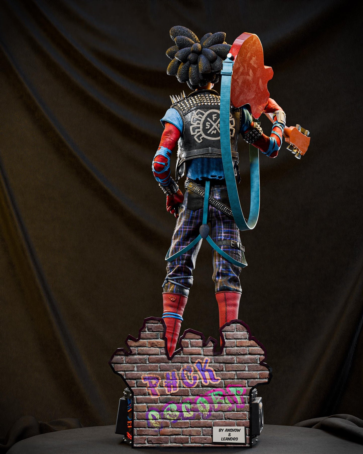 a statue of a person standing on a brick wall
