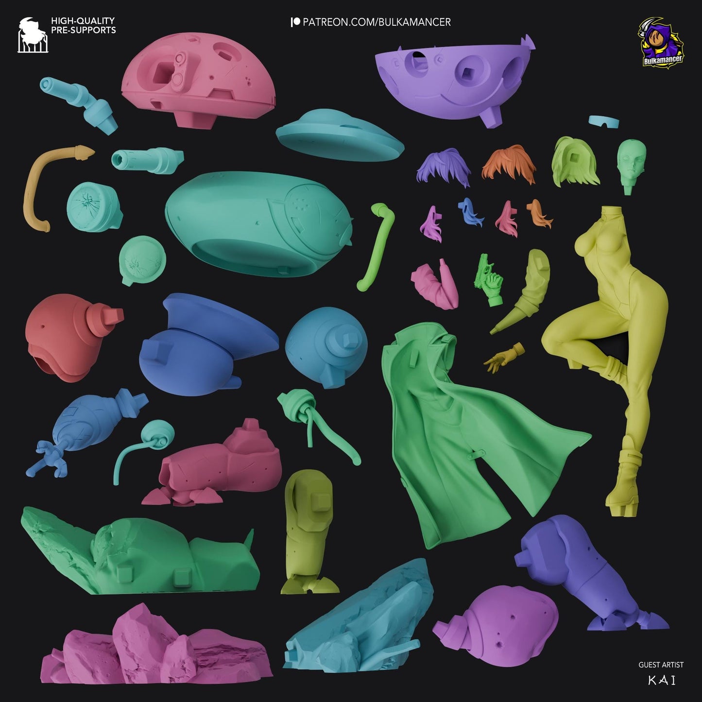 a bunch of different colored plastic objects on a black background