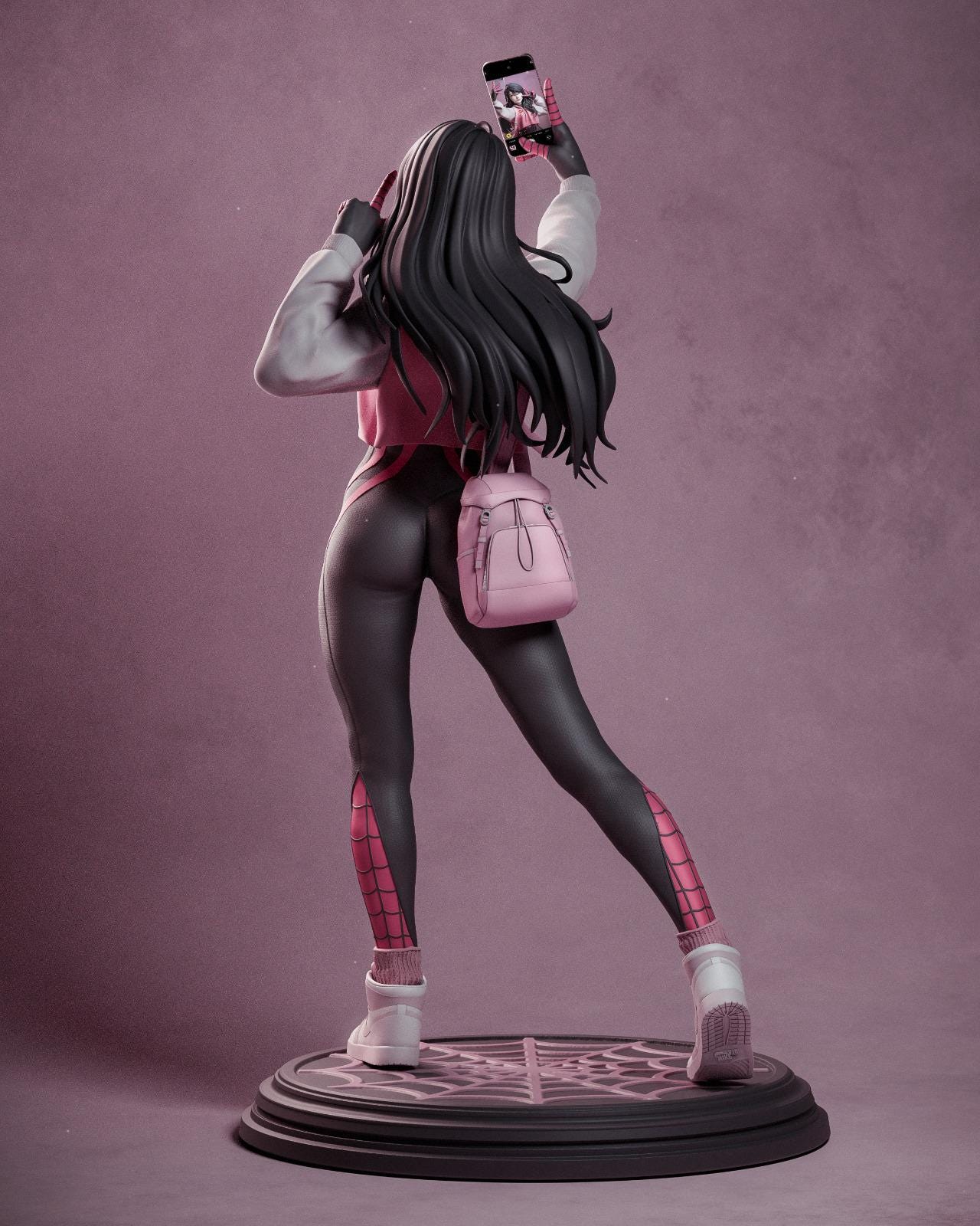 a statue of a woman holding a pink purse