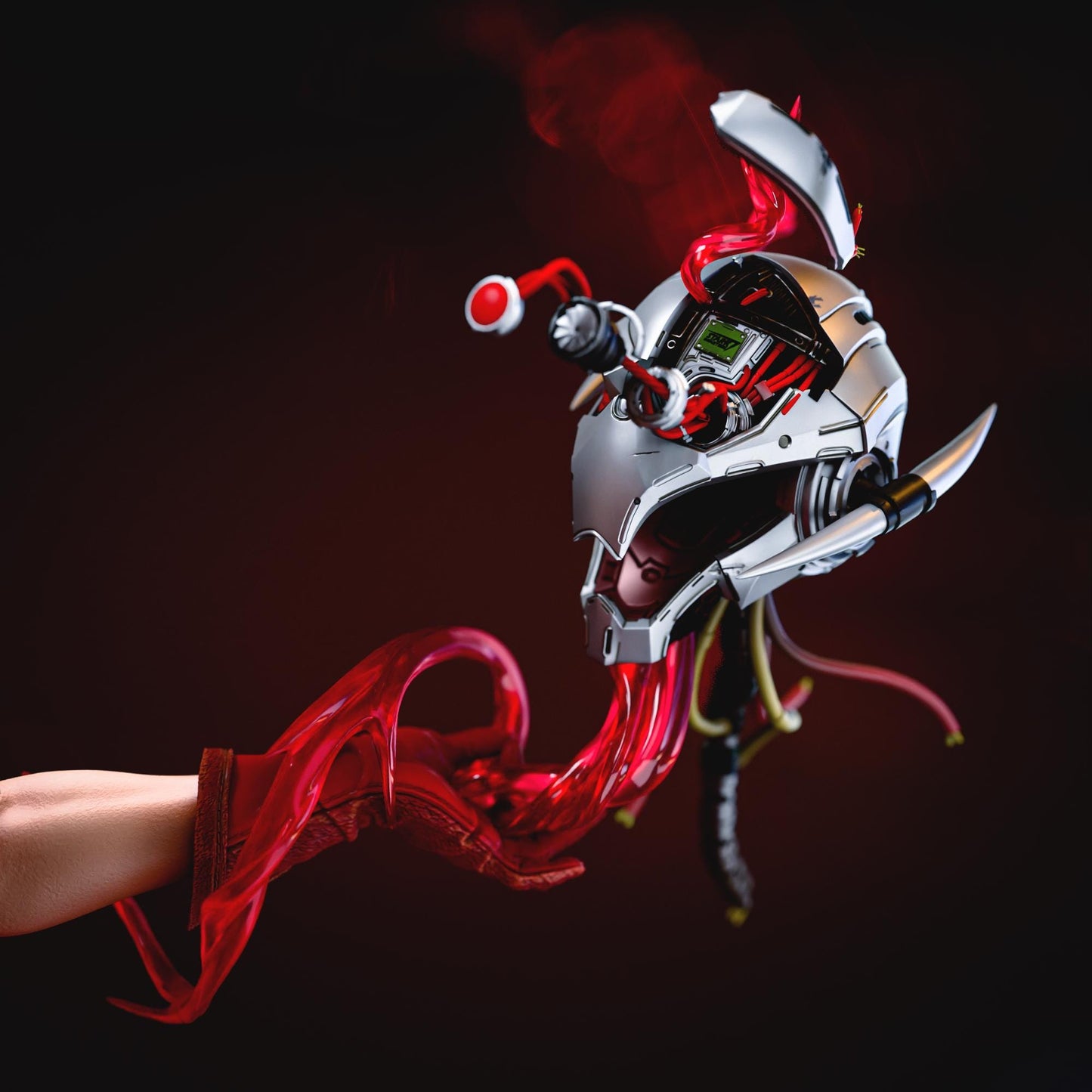 a person holding a motorcycle helmet in the air