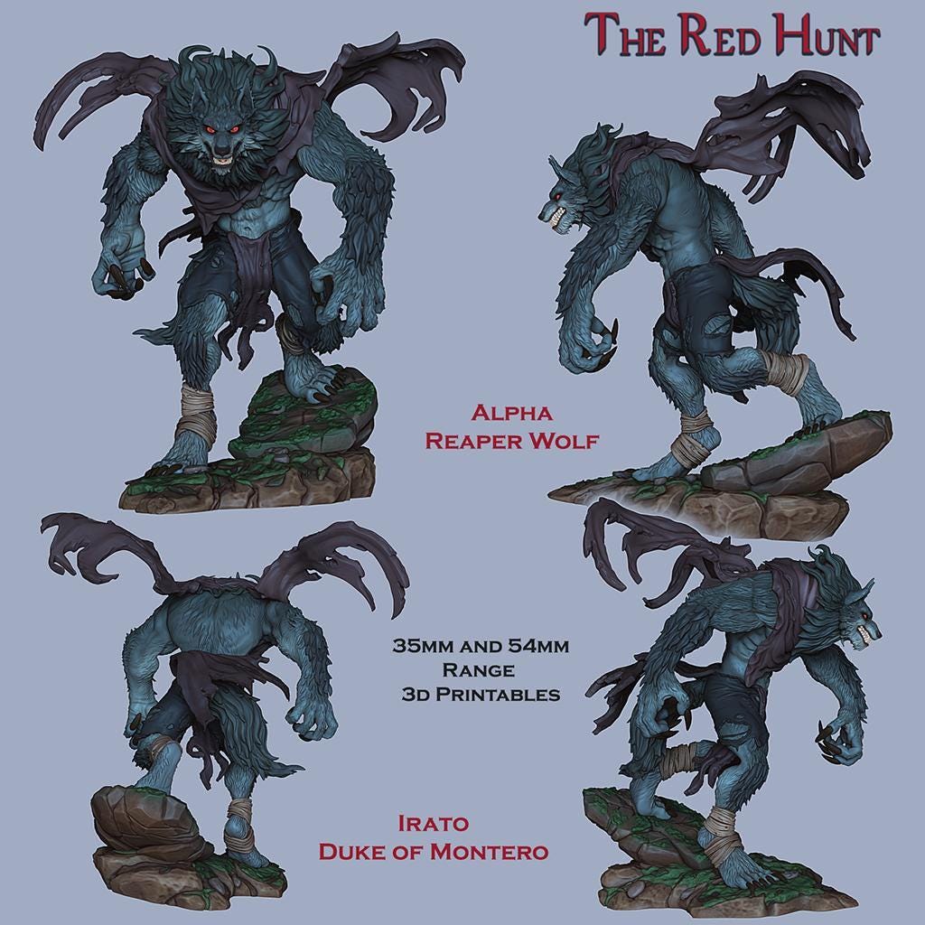 3D Printed Druid Beastman Miniature Red Hunt Werwolves DnD & Pathfinder Collectible Tabletop RPG Decor