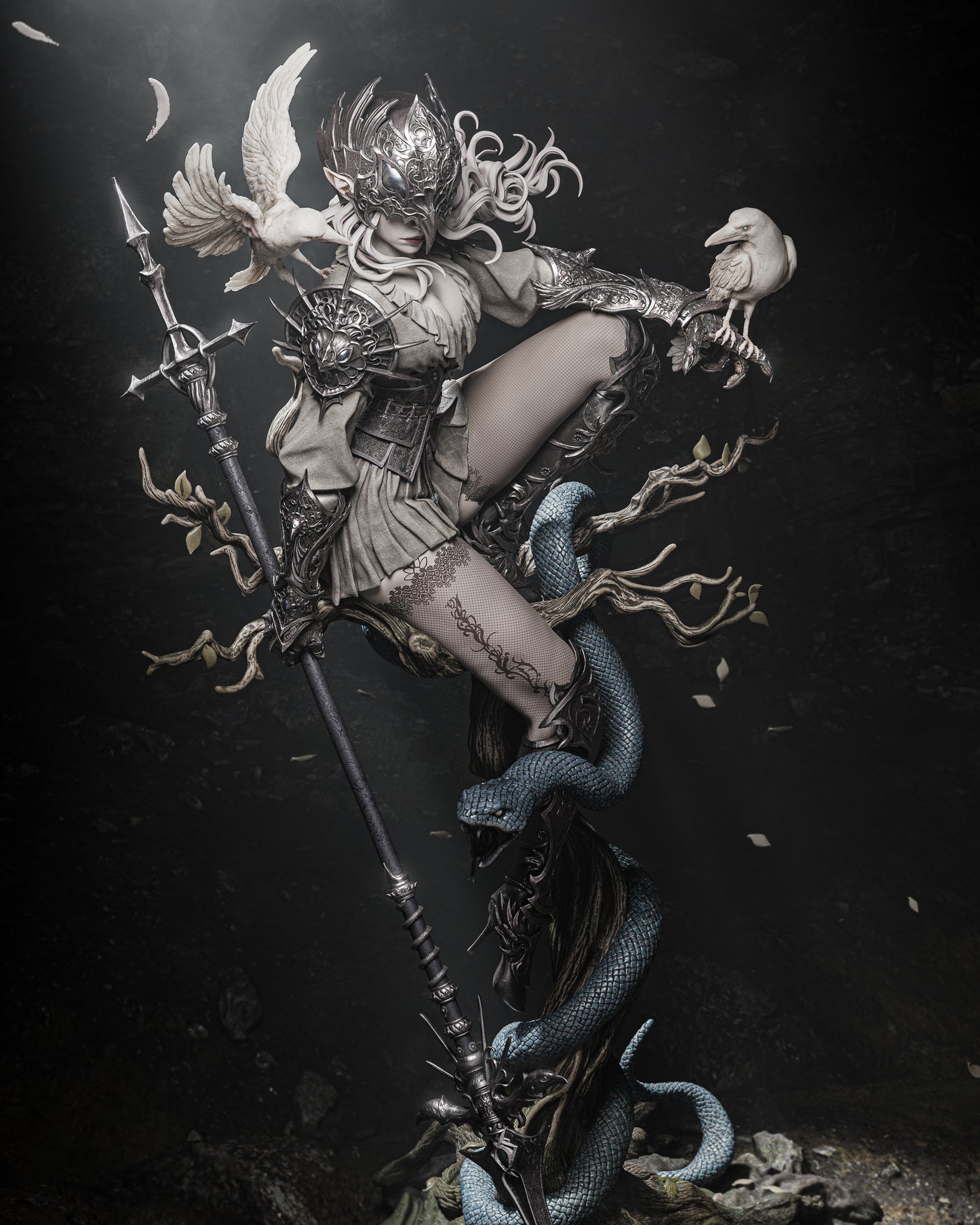 Leona Fantasy Warrior Statue with Raven Companions | 3D Printed Collectible Figure (Painted/Unpainted)