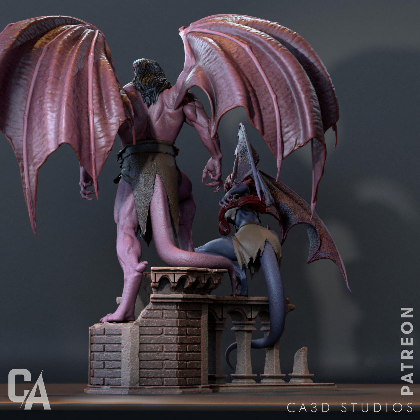 a statue of a demon and a demon on a pedestal