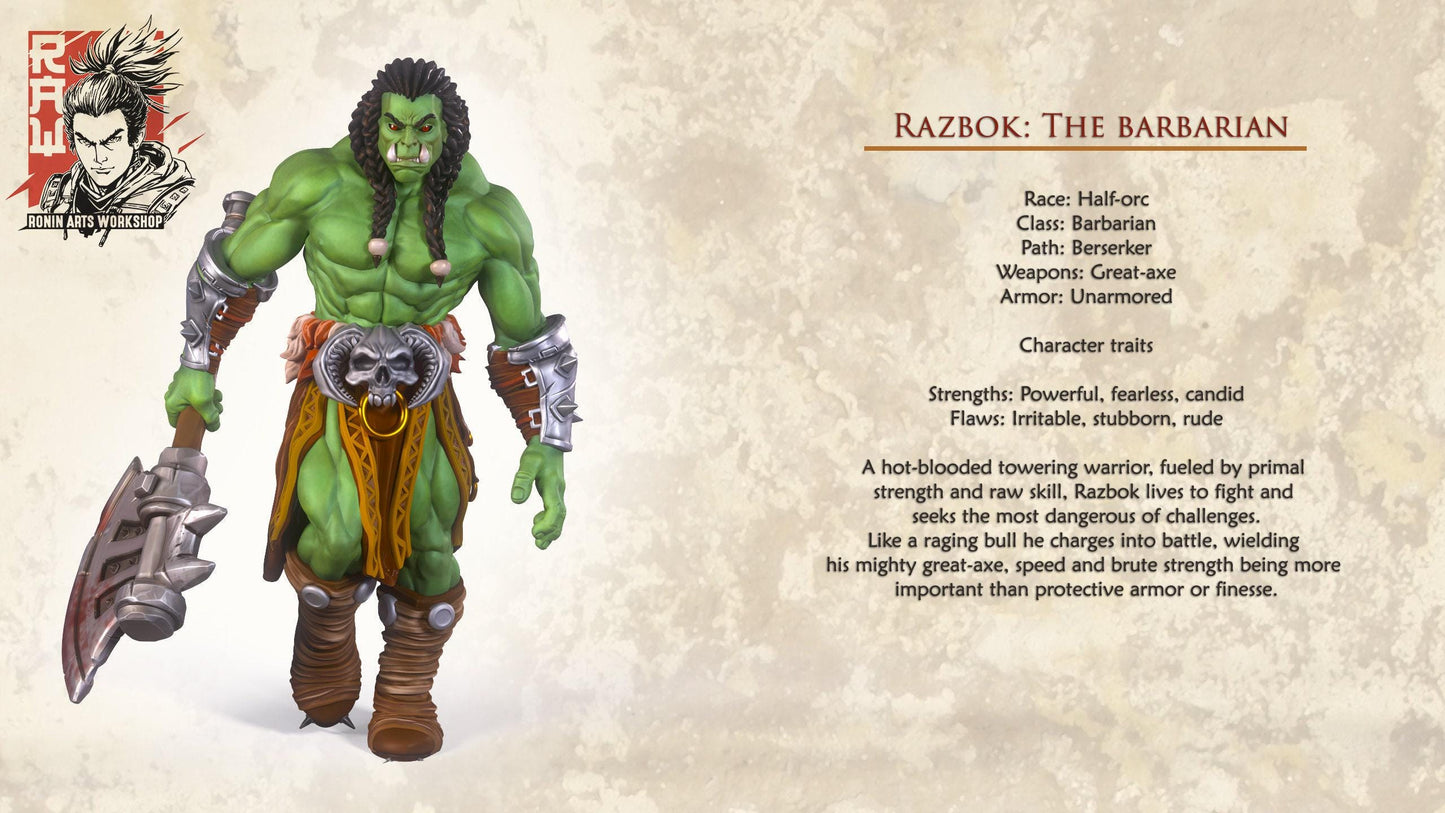Razbok Raging Half-Orc Barbarian - Unpainted 35mm Berserker Miniature
