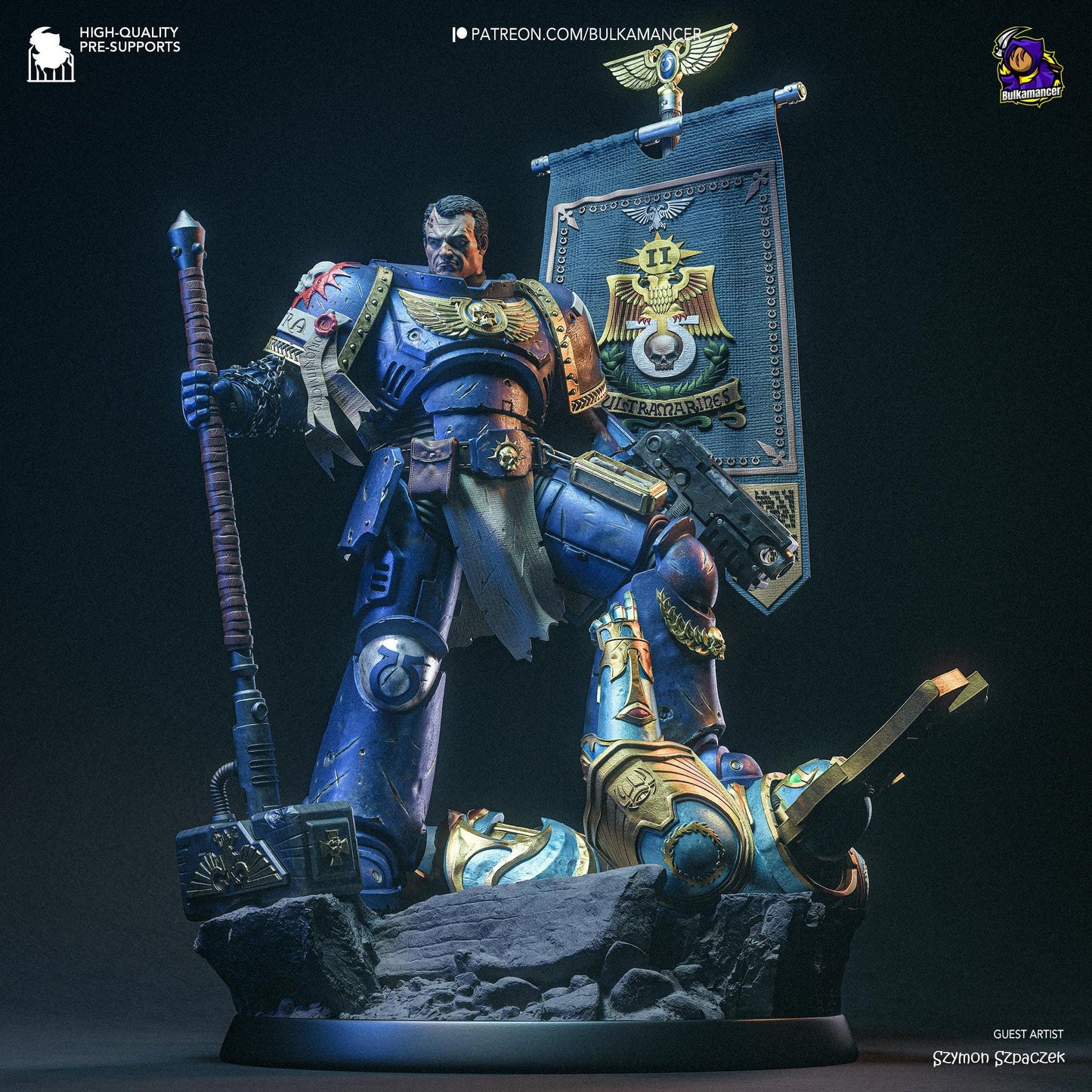 a blue and gold painted warhammer with a sword