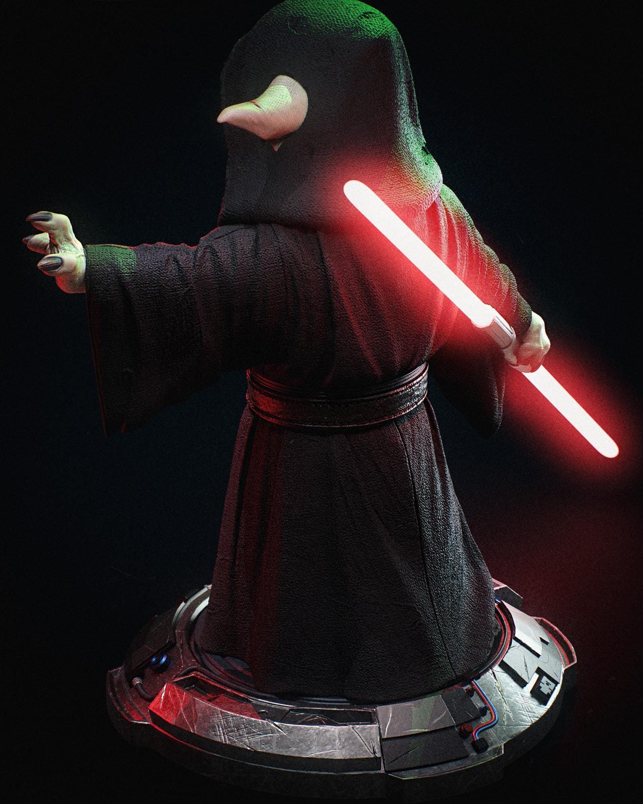 a person in a costume holding a light saber