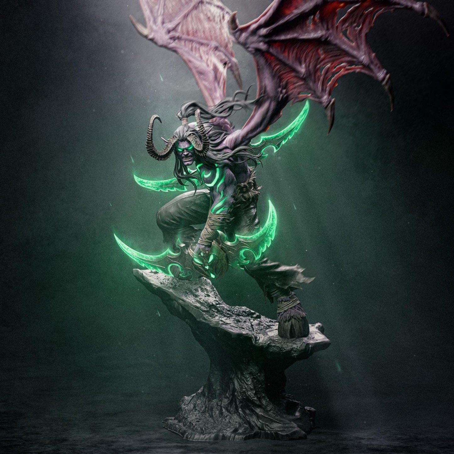 a statue of a demon sitting on top of a tree stump