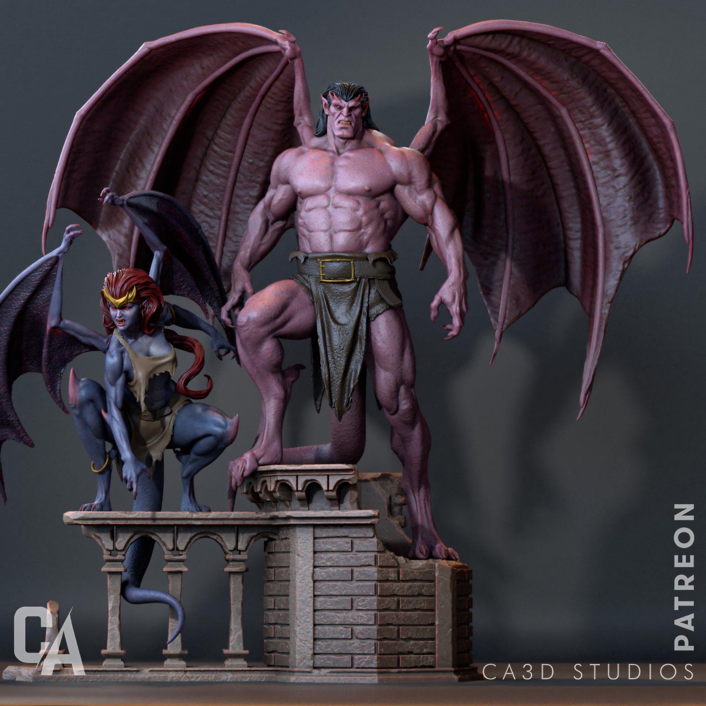 a statue of a man and a demon on a pedestal