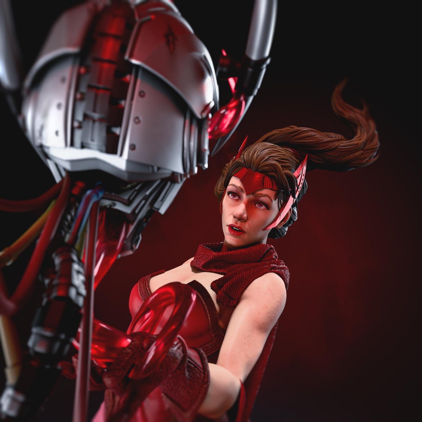 a woman in a red dress standing next to a robot