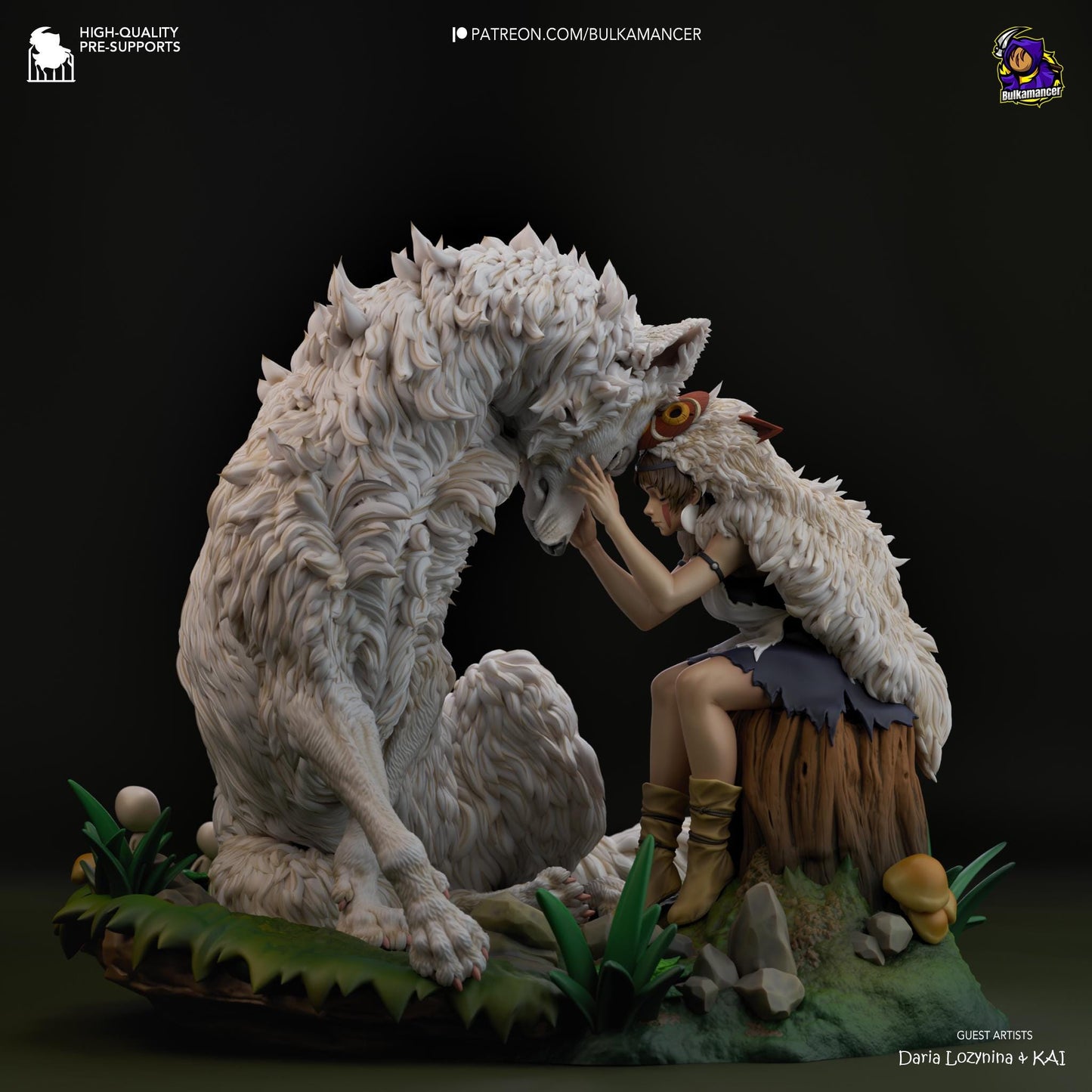 a figurine of a woman sitting next to a white wolf