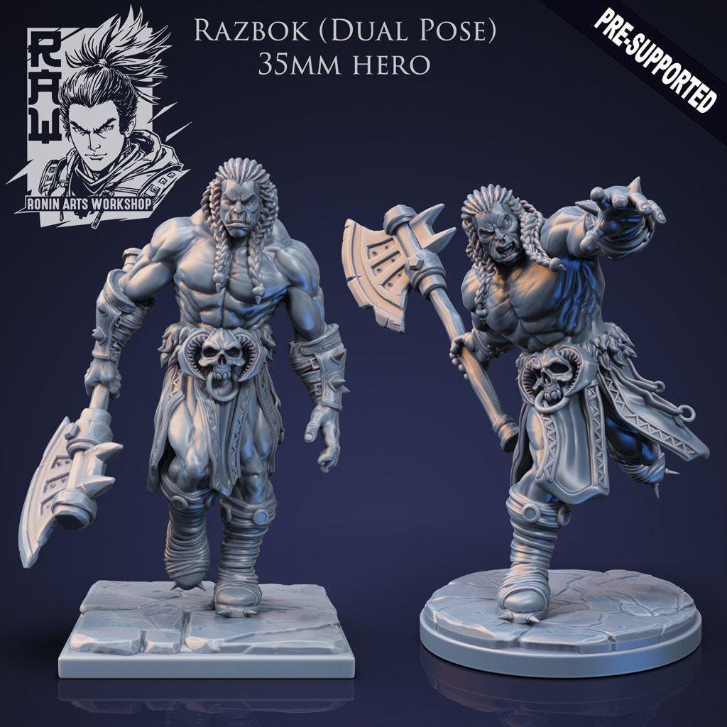 Razbok Raging Half-Orc Barbarian - Unpainted 35mm Berserker Miniature