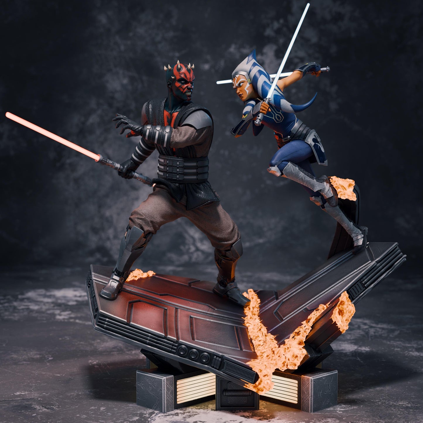 a statue of two knights fighting over a book