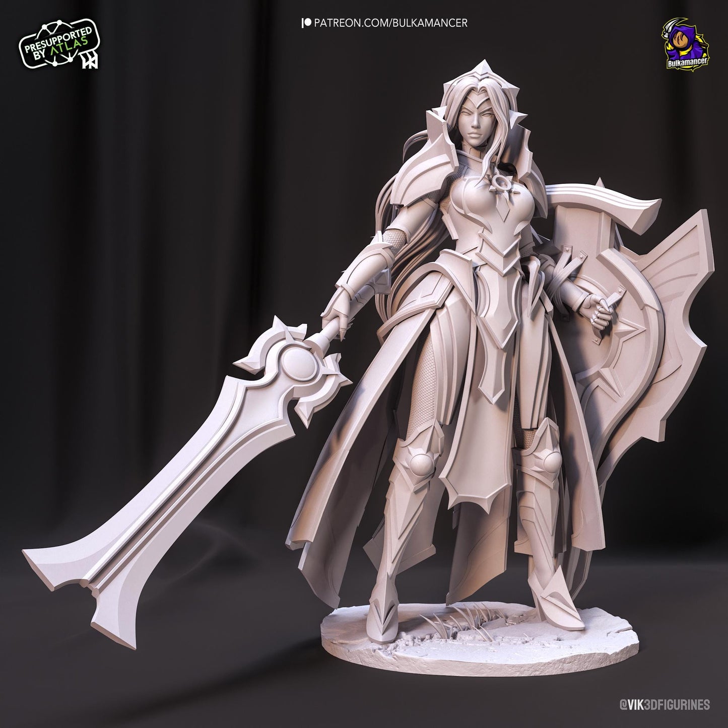a statue of a woman holding a giant sword