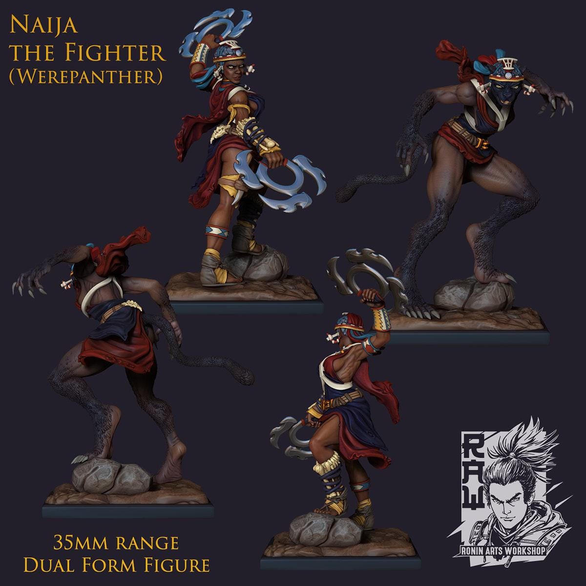 Naija the Fighter Collectible Miniature, 35 mm, Feline Fury, Tabletop miniatures, Collectible figurines, Pathfinder, dungeons and dragons