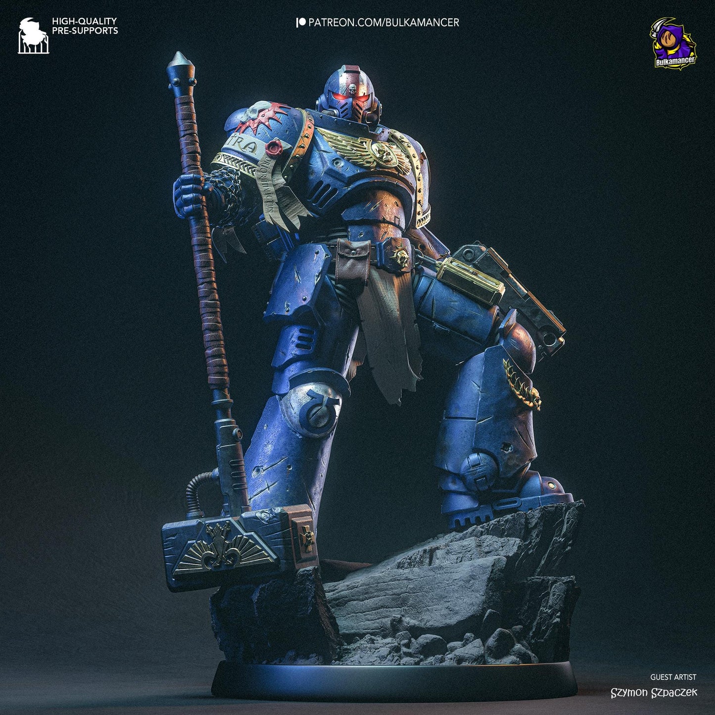 a blue and gold painted warhammer with a large axe