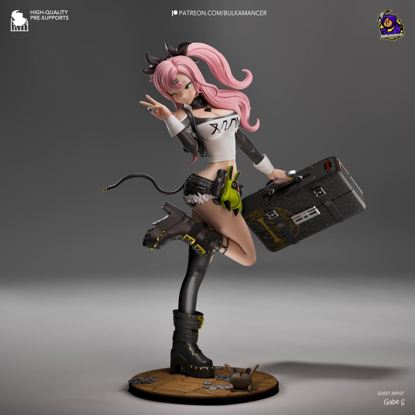 a statue of a woman with pink hair holding a briefcase