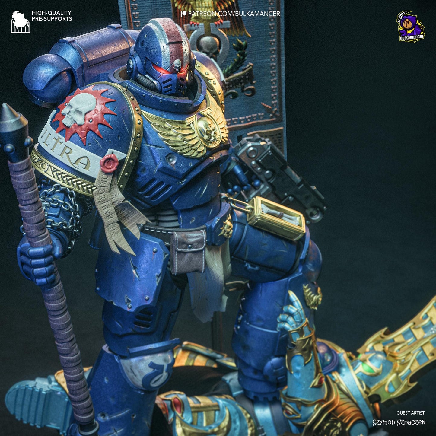 a blue and gold painted robot with a sword