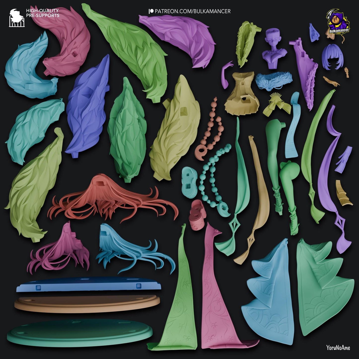 a group of different colored objects on a black background
