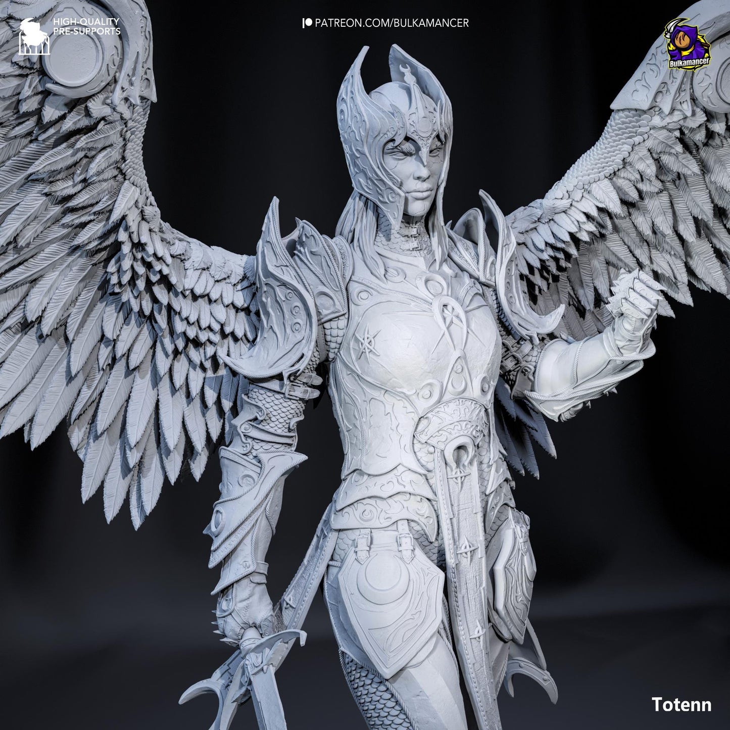a statue of a woman with wings and armor