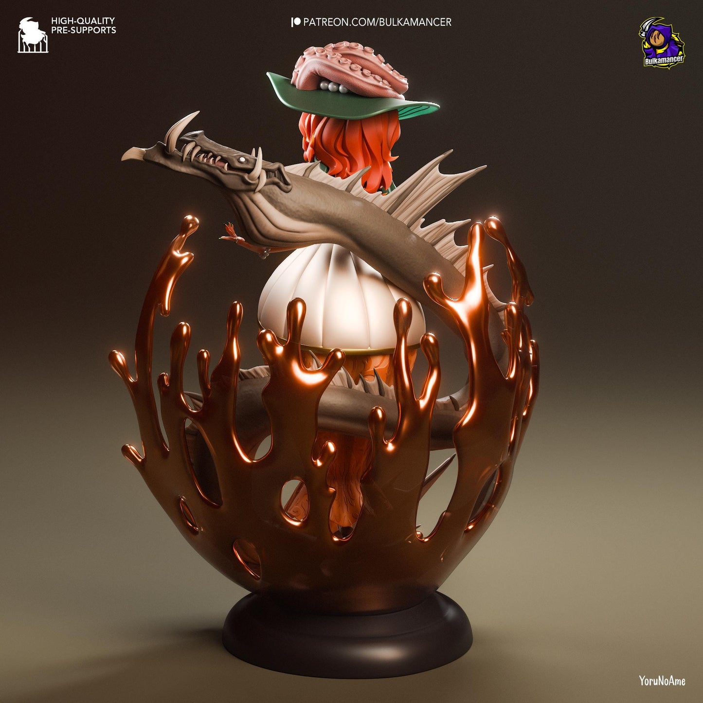 a sculpture of a woman with a hat on top of a mushroom