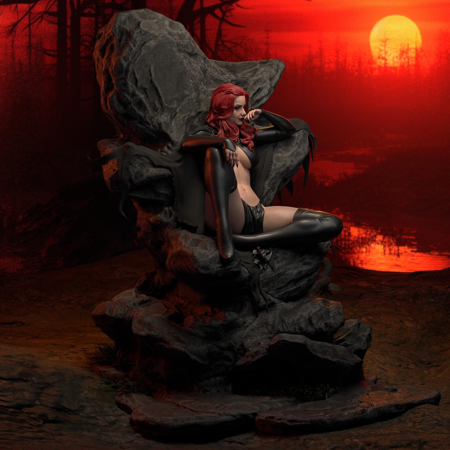 a red haired woman sitting on a rock in a forest