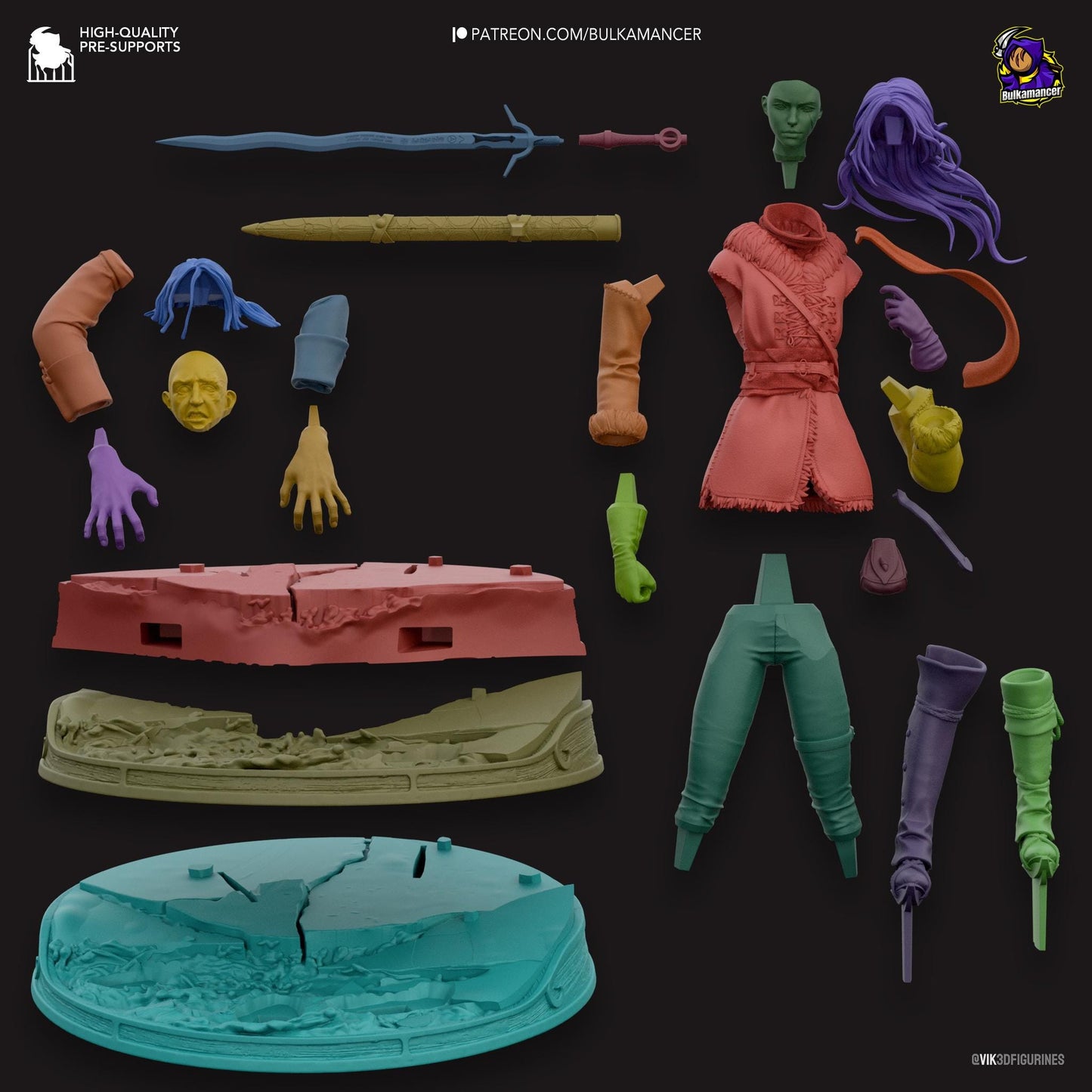 a group of different colored plastic items on a black background