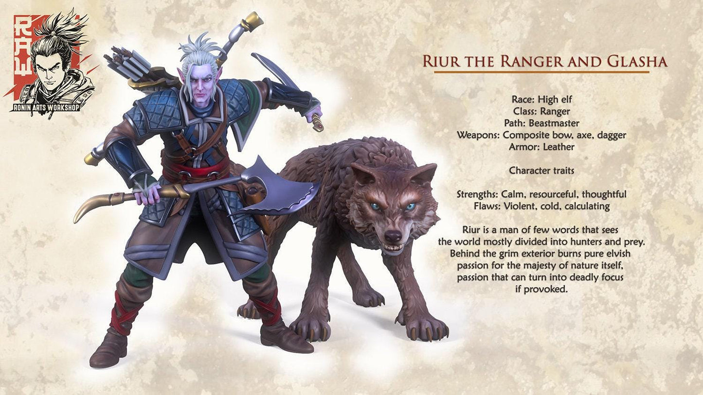 Riur High Elf Ranger Beastmaster - Unpainted 35mm Miniature - Elf Archer