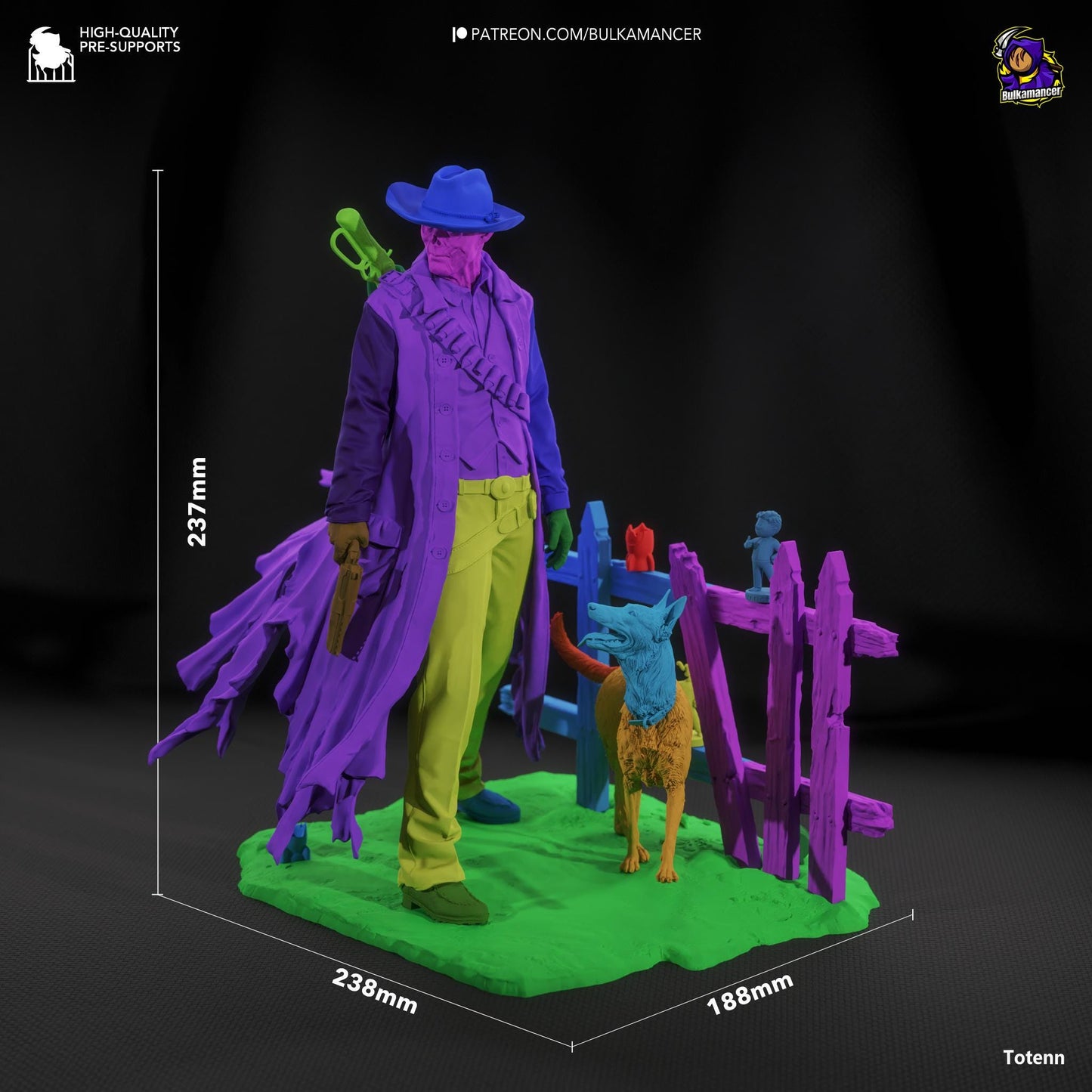 a figurine of a man in a purple suit and hat with a dog