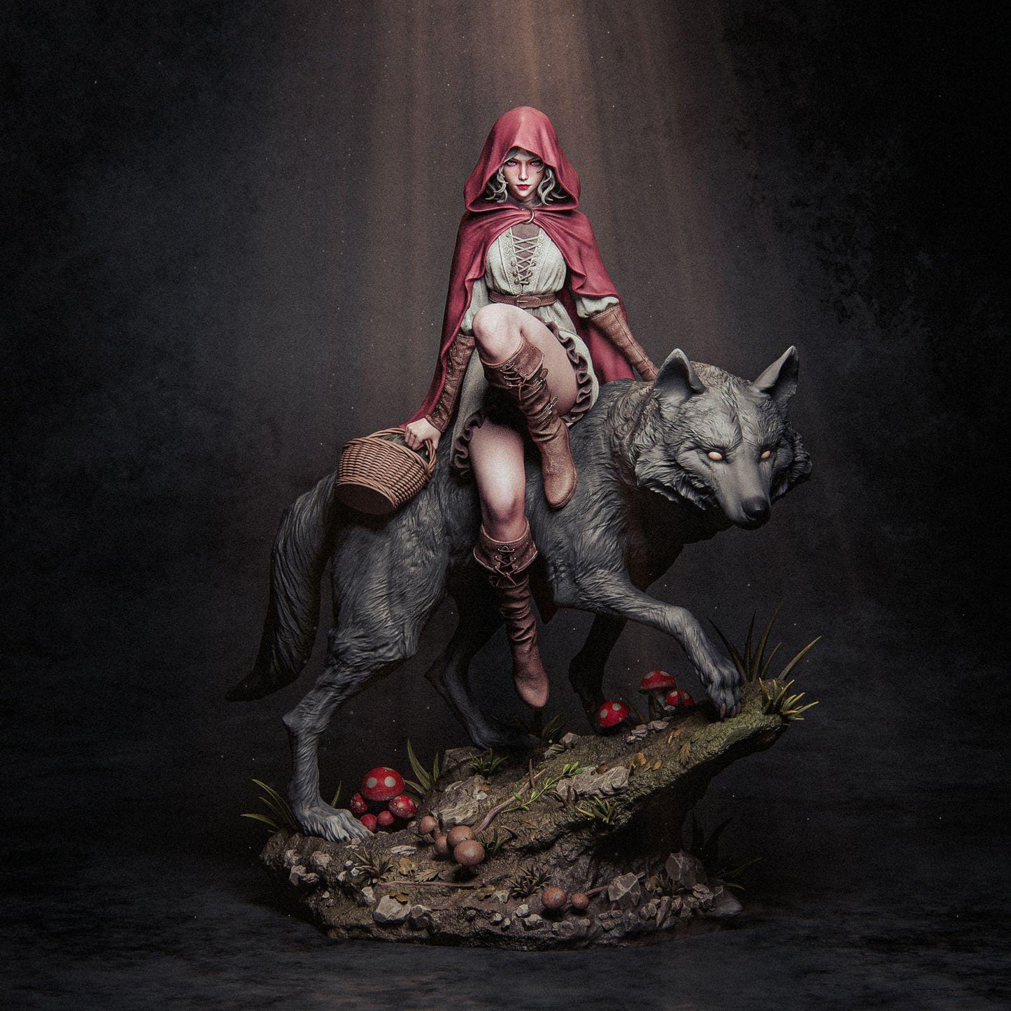 a statue of a woman riding a horse next to a wolf