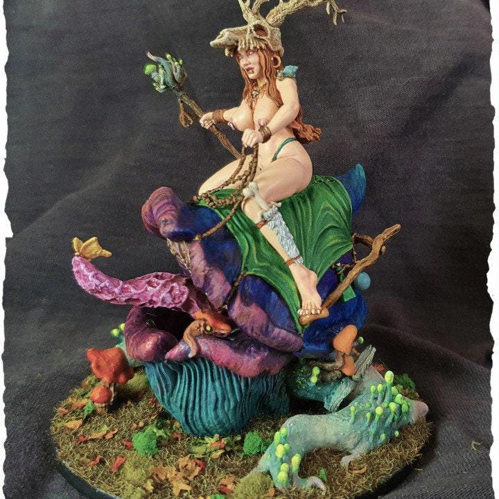 Green Witch Pinup 3D Printed Collectible Miniature and Dice Cauldron - A Bewitching Addition to Your Collection