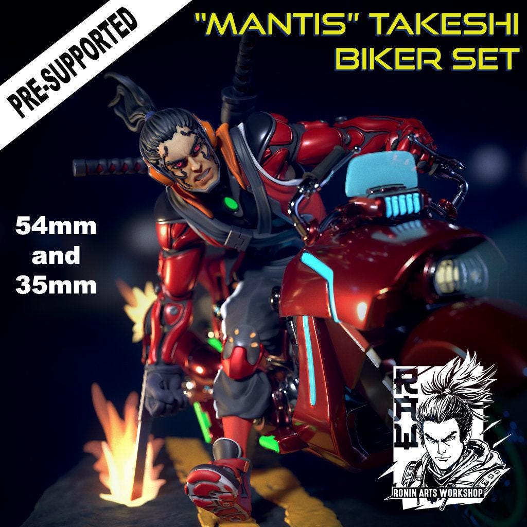 Biker Takeshi, 35 mm, 54 mm, 3D Printed miniature, cyberpunk model, cyberpunk 3d model, cyberpunk miniature, wargame miniature, sci-fi