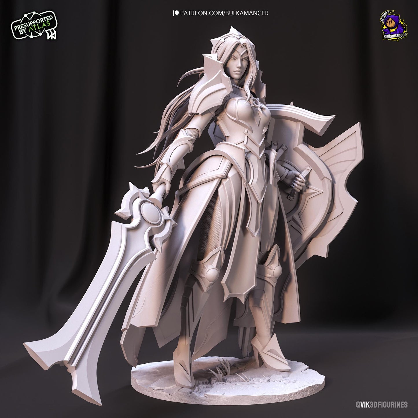 a statue of a woman holding a giant sword