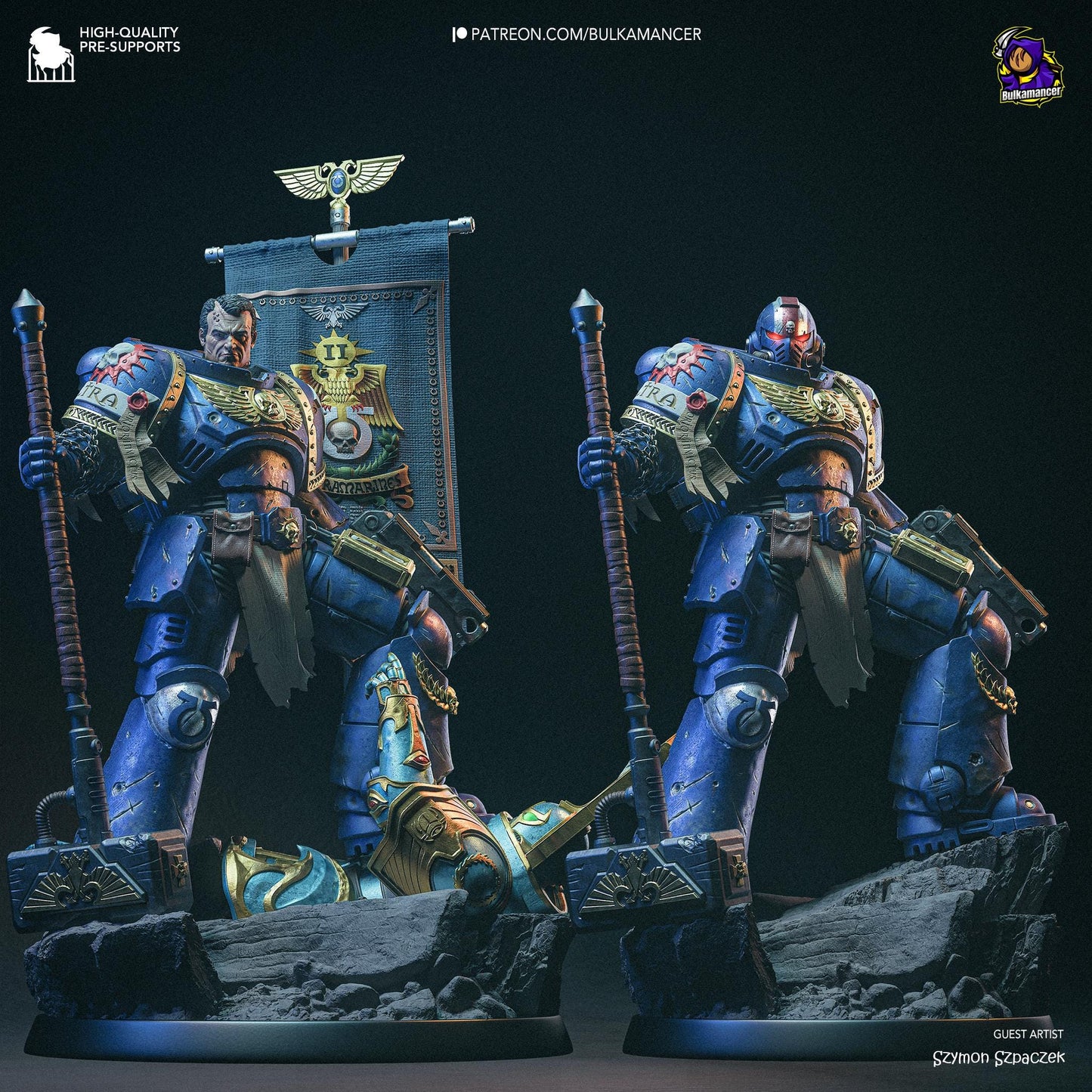 two painted warhammers standing next to each other