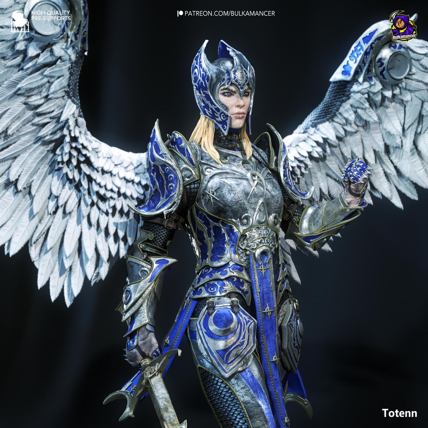 a woman dressed in armor with wings and a sword