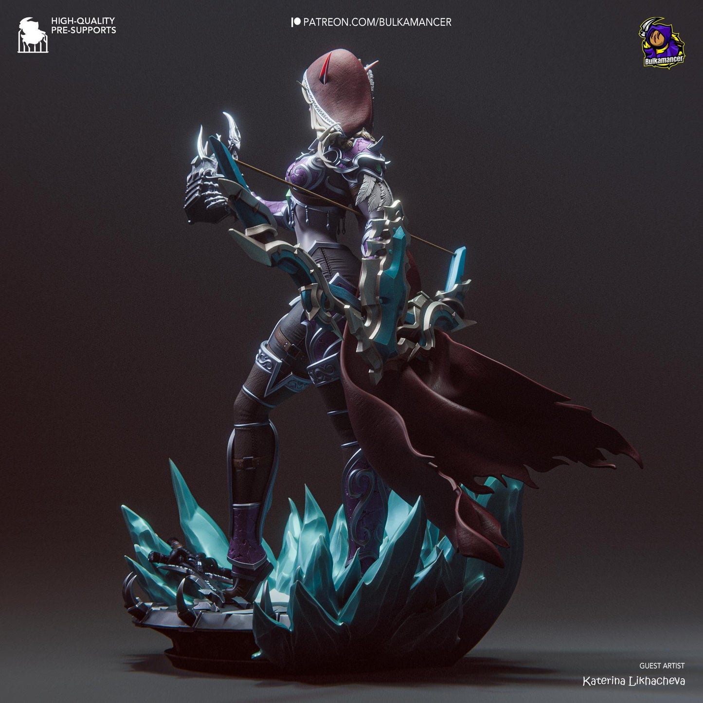 a futuristic woman with a sword standing on a flower