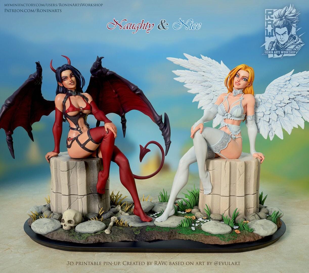 A stunning Pin-up Collectible Statue with "Naughty and Nice" options. This 3D printed figure is a perfect model for collectors