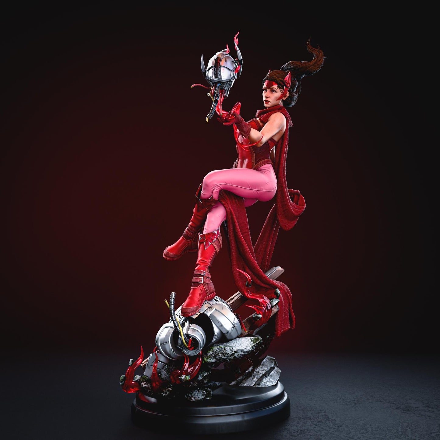 a statue of a woman in a red outfit